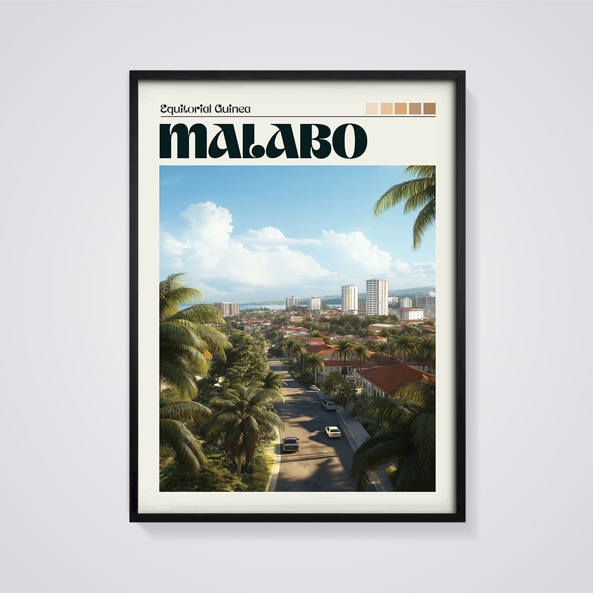 Malabo Equatorial Guinea Print framed in black on a grey background