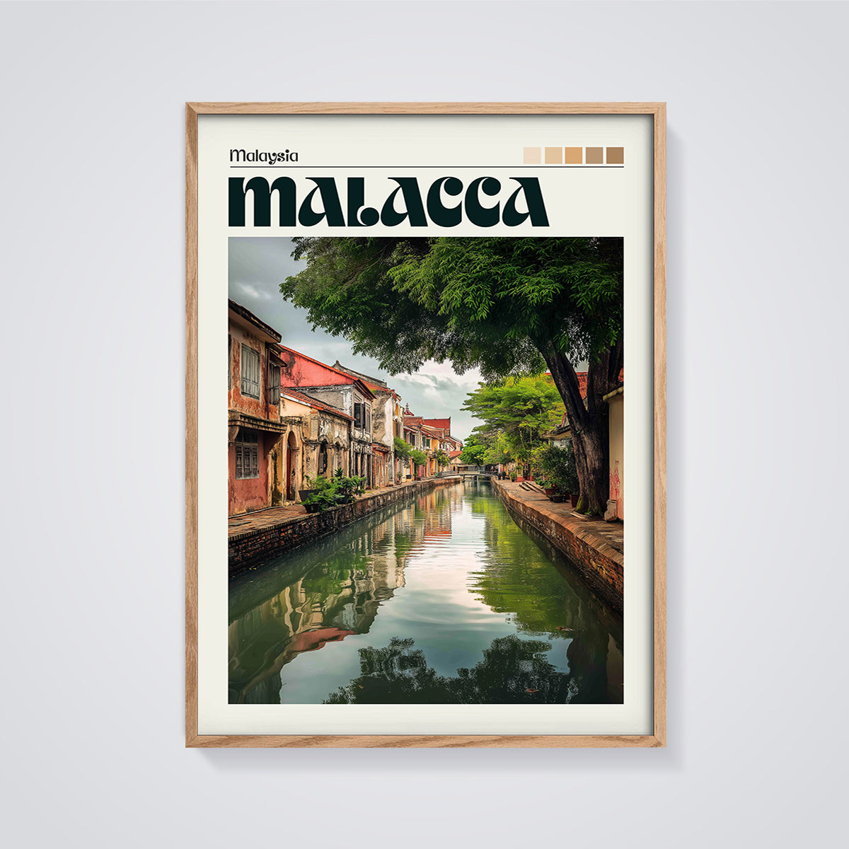 Malacca Canal Scene Print framed in oak on a grey background