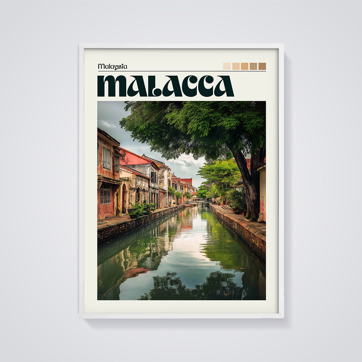 Malacca Canal Scene Print framed in white on a grey background