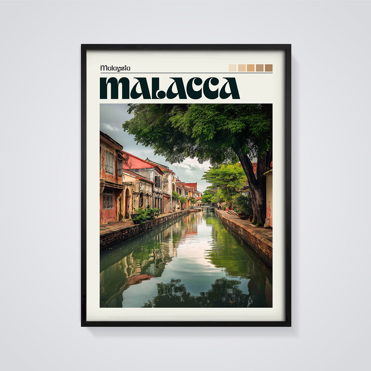 Malacca Canal Scene Print framed in black on a grey background