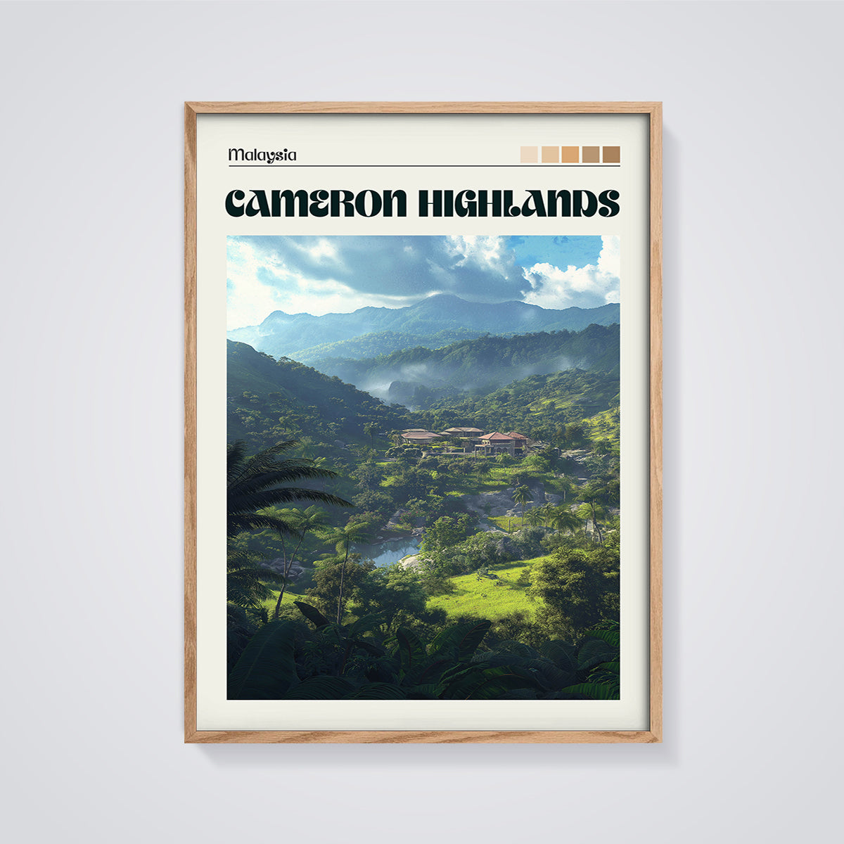Malaysia Cameron Highlands Print framed in oak on a grey background