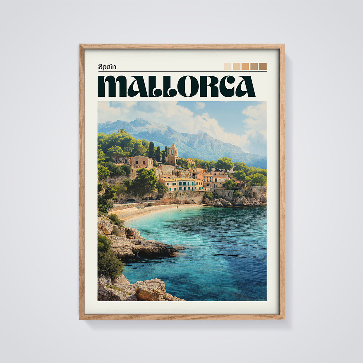 Mallorca Coastal Village Print framed in oak on a grey background