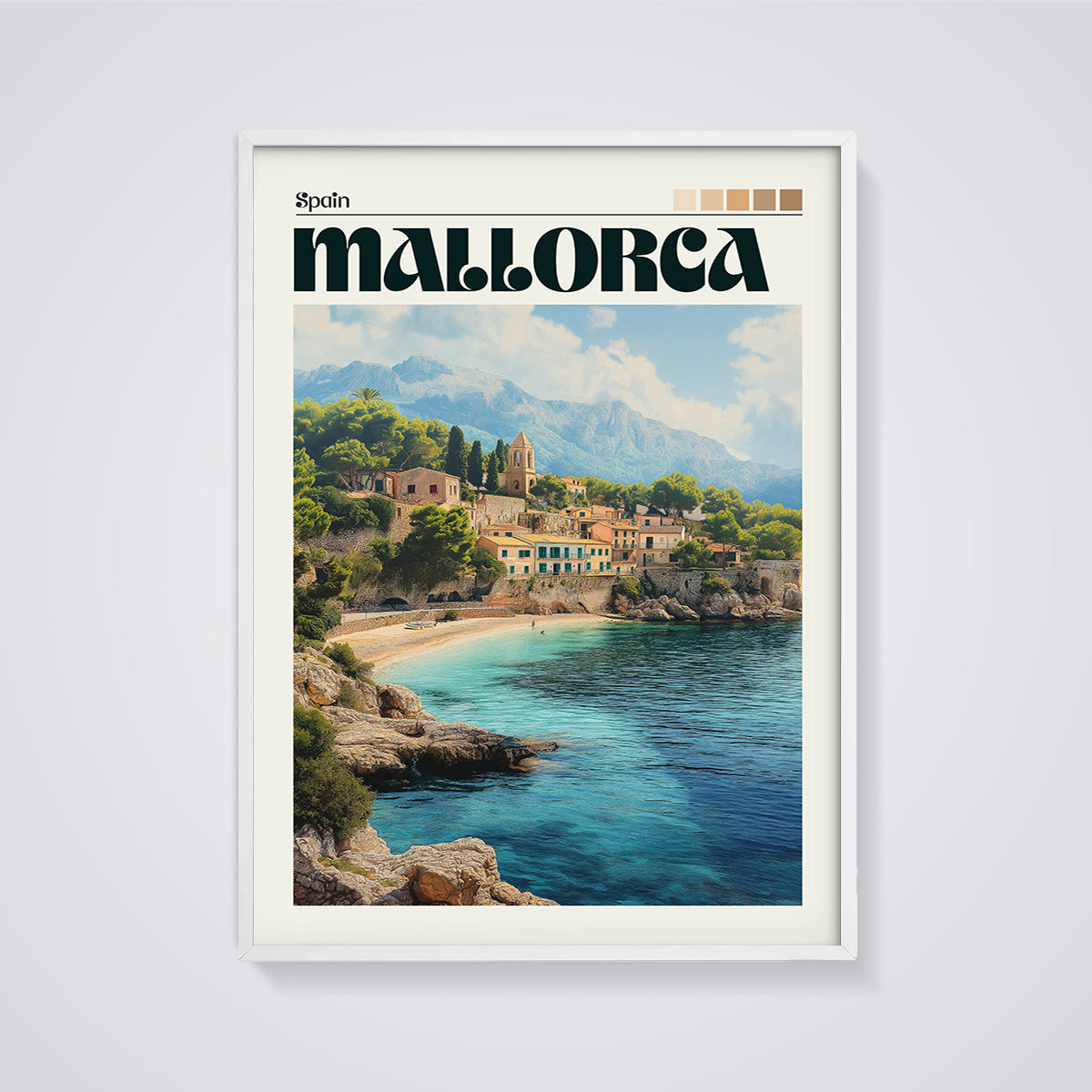 Mallorca Coastal Village Print framed in white on a grey background