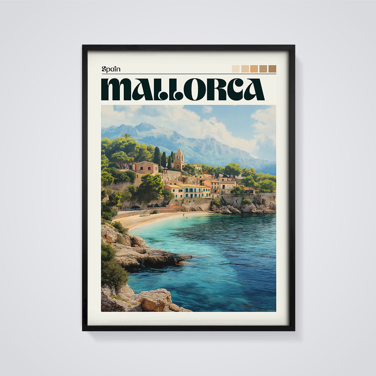 Mallorca Coastal Village Print framed in black on a grey background