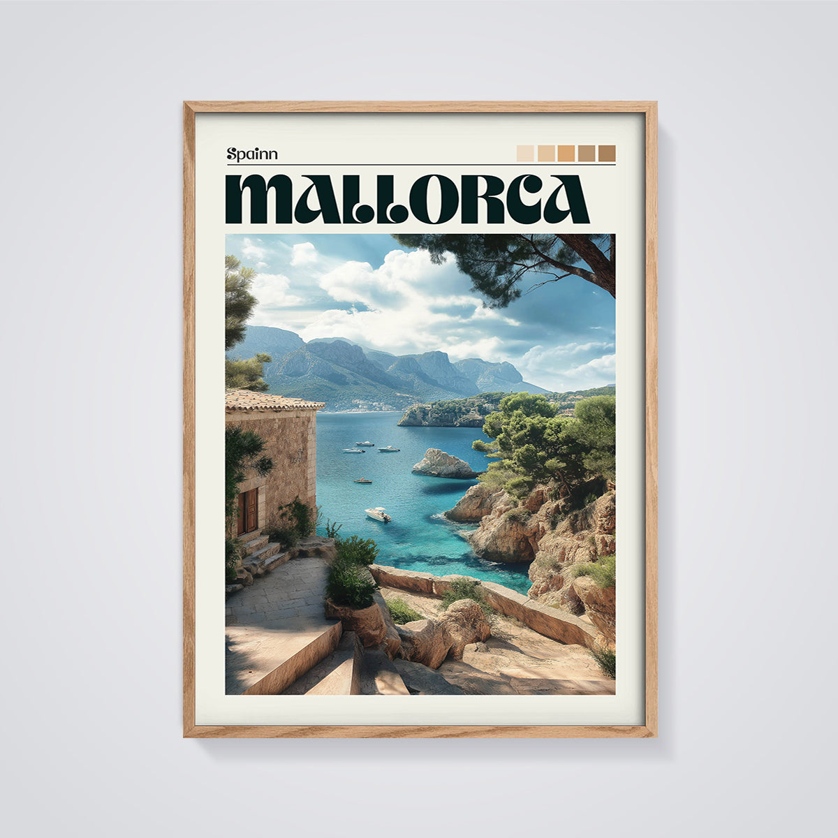 Mallorca Spain Coastal Print framed in oak on a grey background