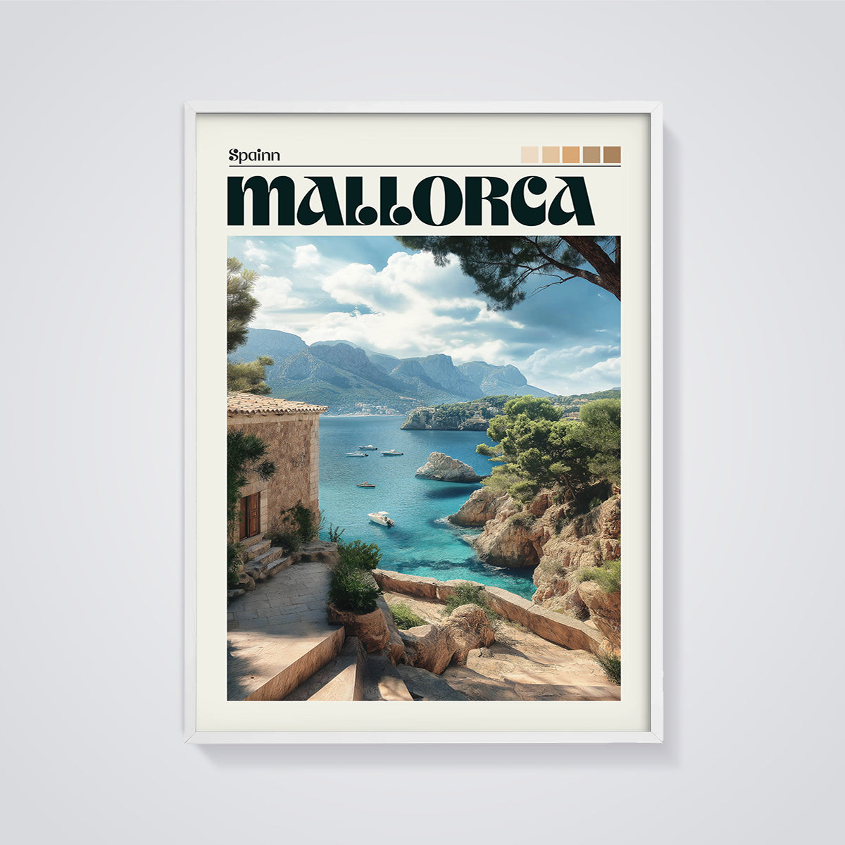Mallorca Spain Coastal Print framed in white on a grey background