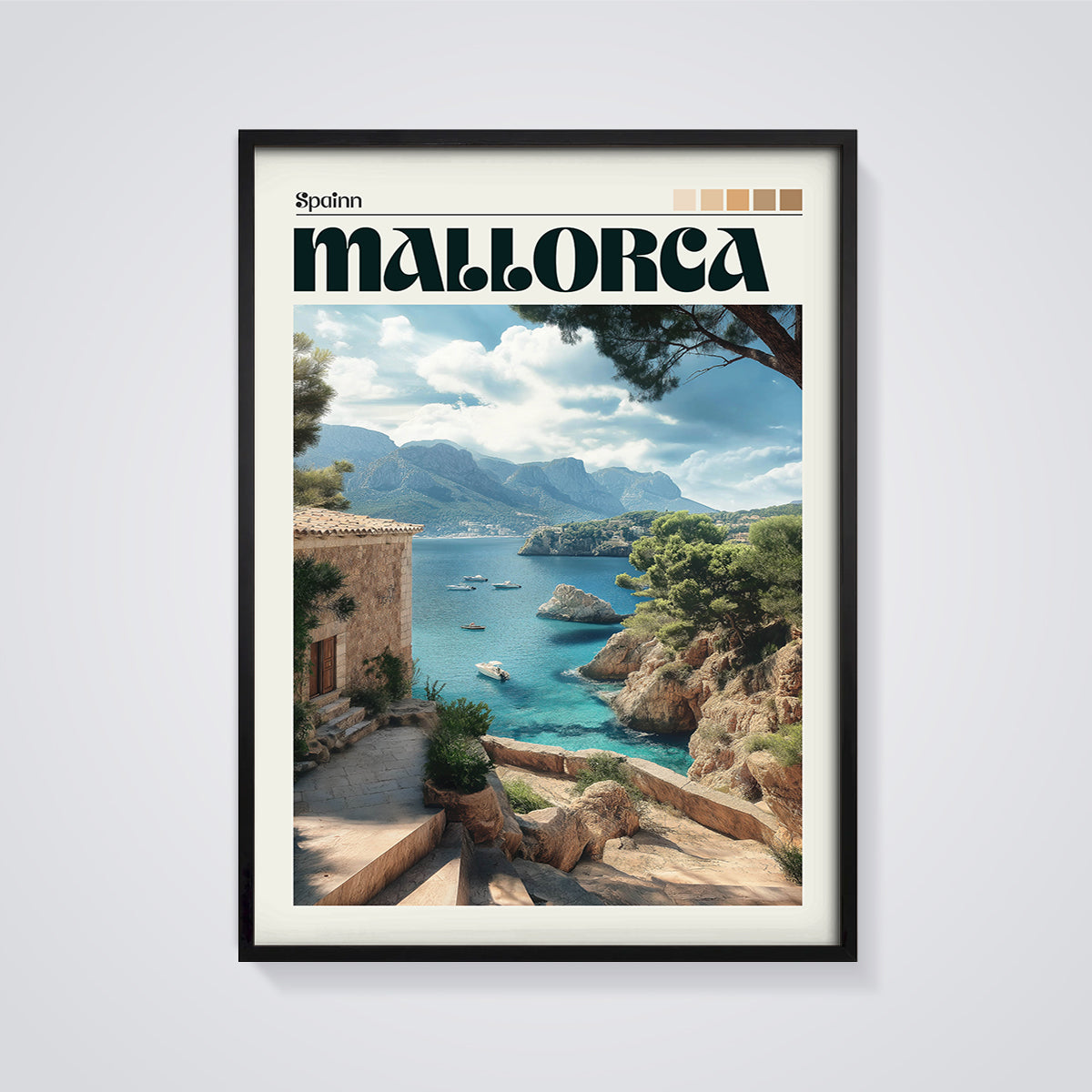 Mallorca Spain Coastal Print framed in black on a grey background