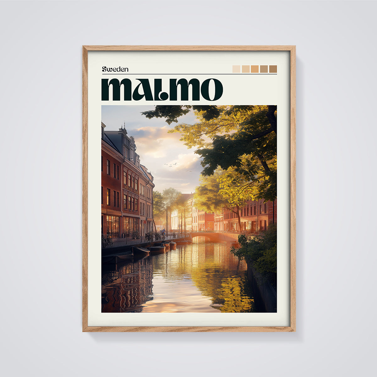 Malmö Sunset Canal Print framed in oak on a grey background