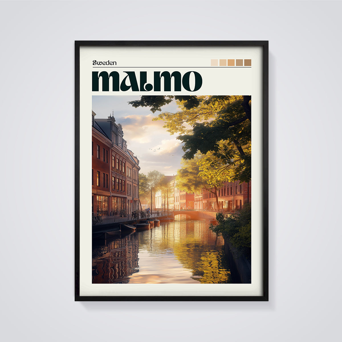 Malmö Sunset Canal Print framed in black on a grey background