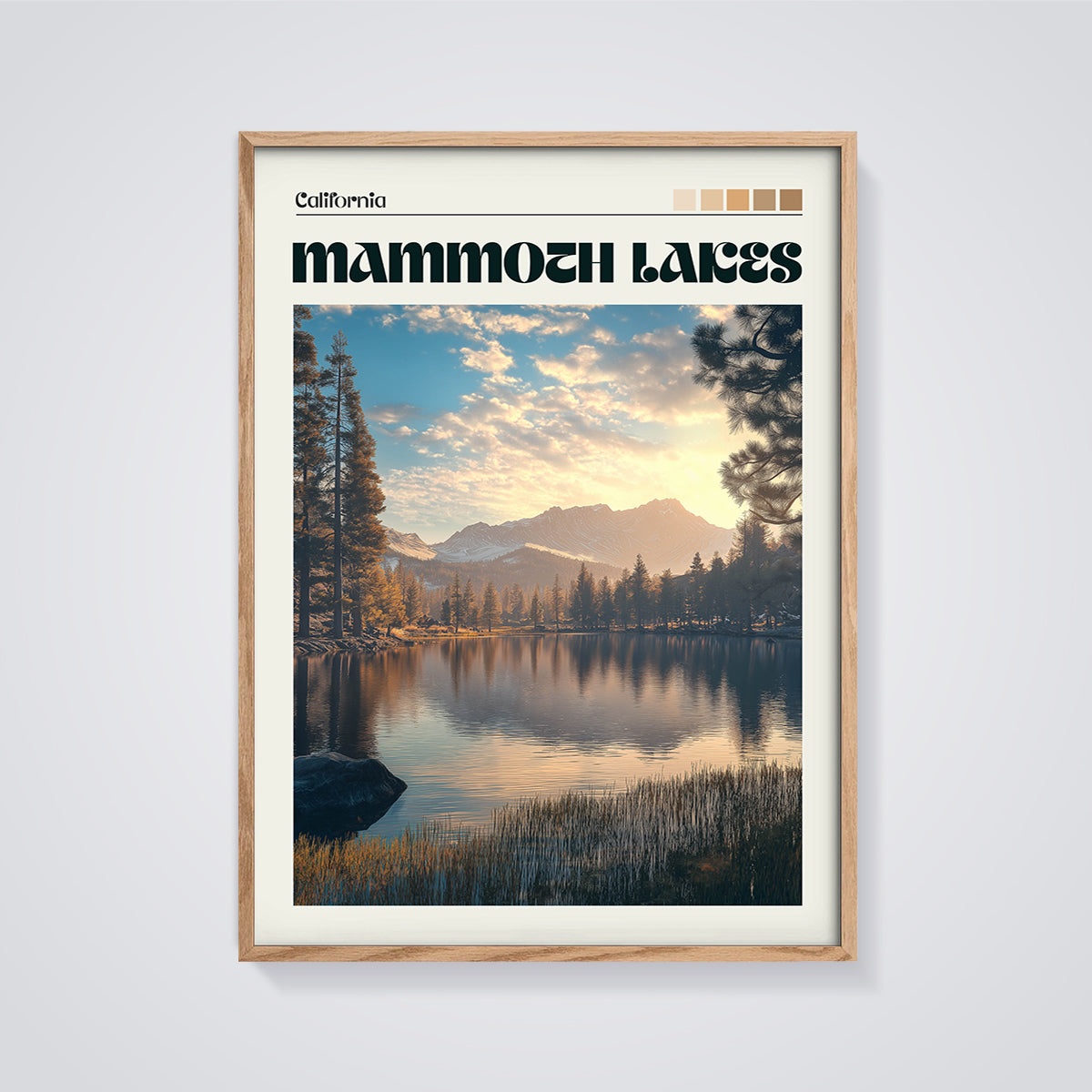 Mammoth Lakes Golden Hour Print framed in oak on a grey background