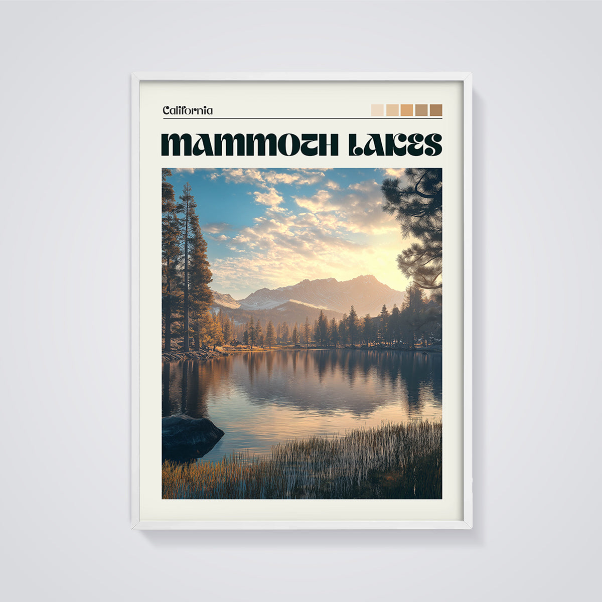 Mammoth Lakes Golden Hour Print framed in white on a grey background