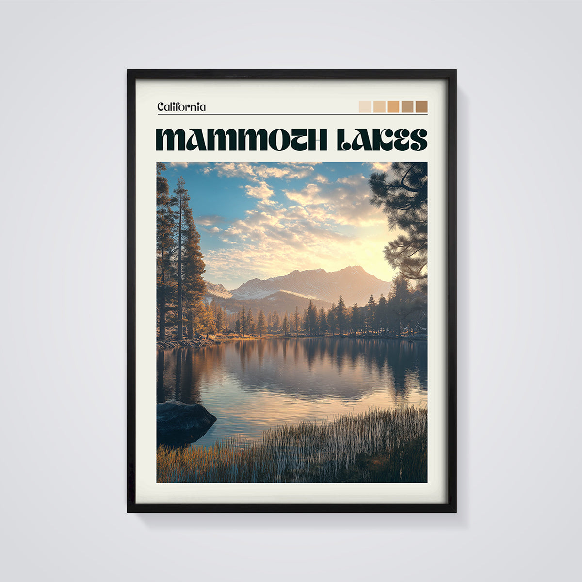 Mammoth Lakes Golden Hour Print framed in black on a grey background
