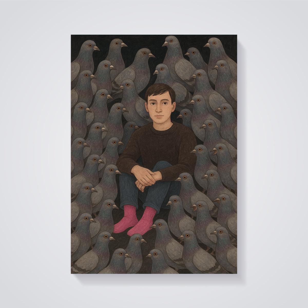 Man Among Pigeons Print unframed on a grey background