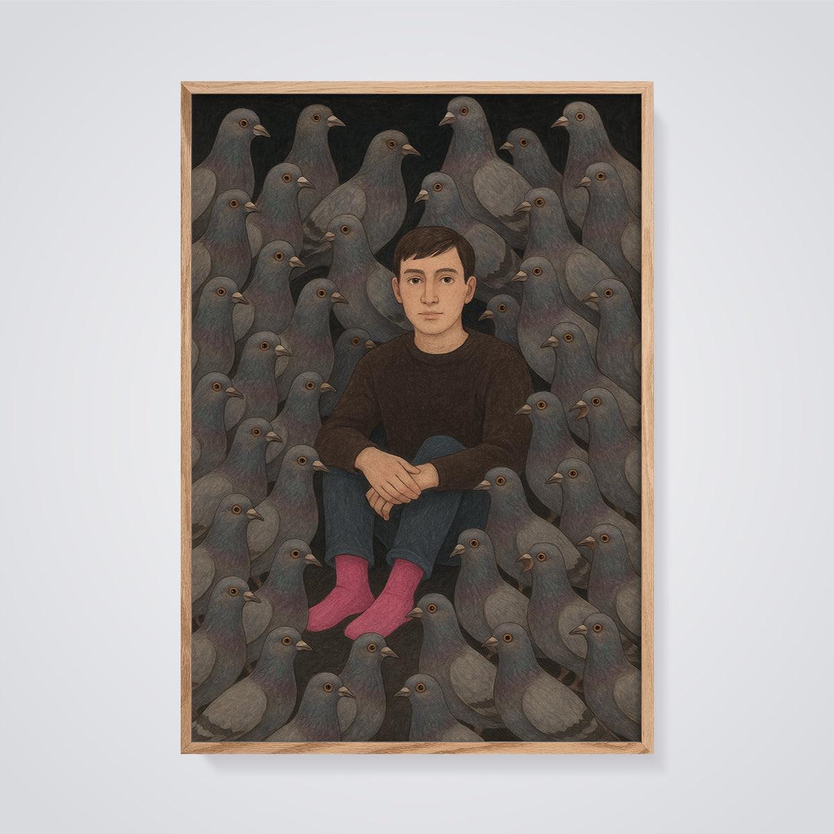 Man Among Pigeons Print framed in oak on a grey background