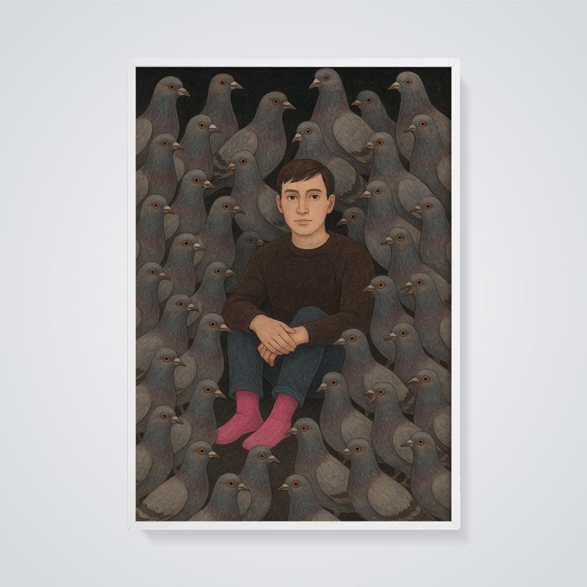 Man Among Pigeons Print framed in white on a grey background