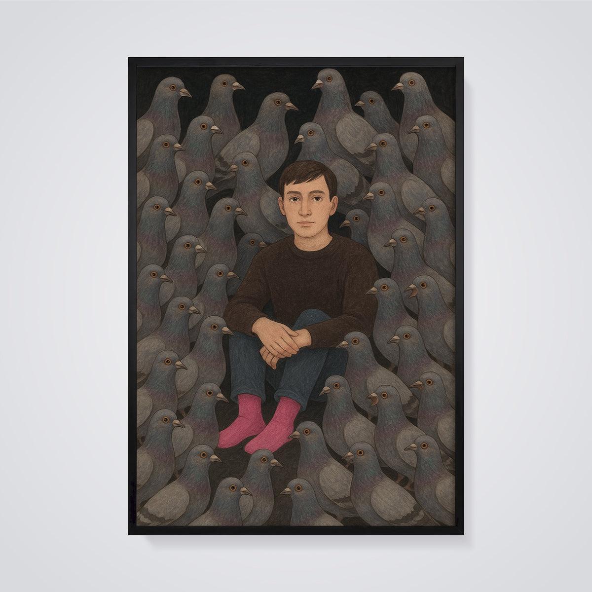 Man Among Pigeons Print framed in black on a grey background
