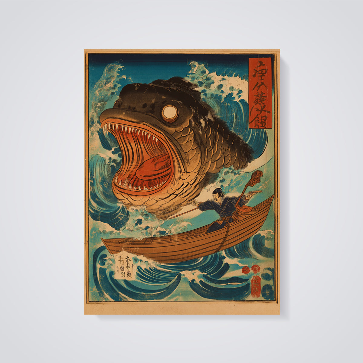 Man Battling Giant Fish Print unframed on a grey background