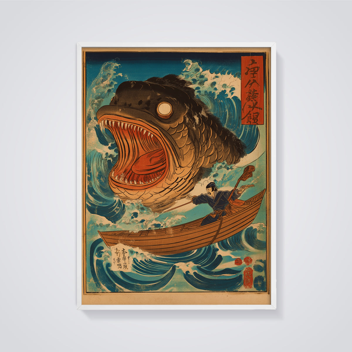 Man Battling Giant Fish Print framed in white on a grey background