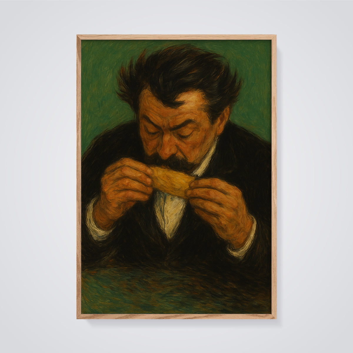 Man Rolling Cigarette Print framed in oak on a grey background