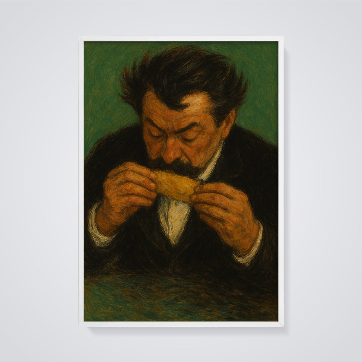 Man Rolling Cigarette Print framed in white on a grey background