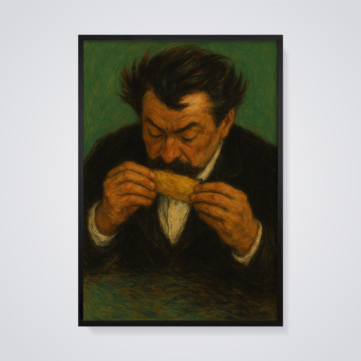 Man Rolling Cigarette Print framed in black on a grey background
