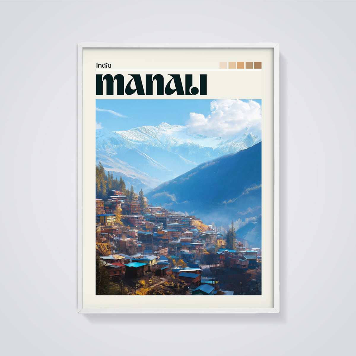 Manali Mountain Town Print framed in white on a grey background