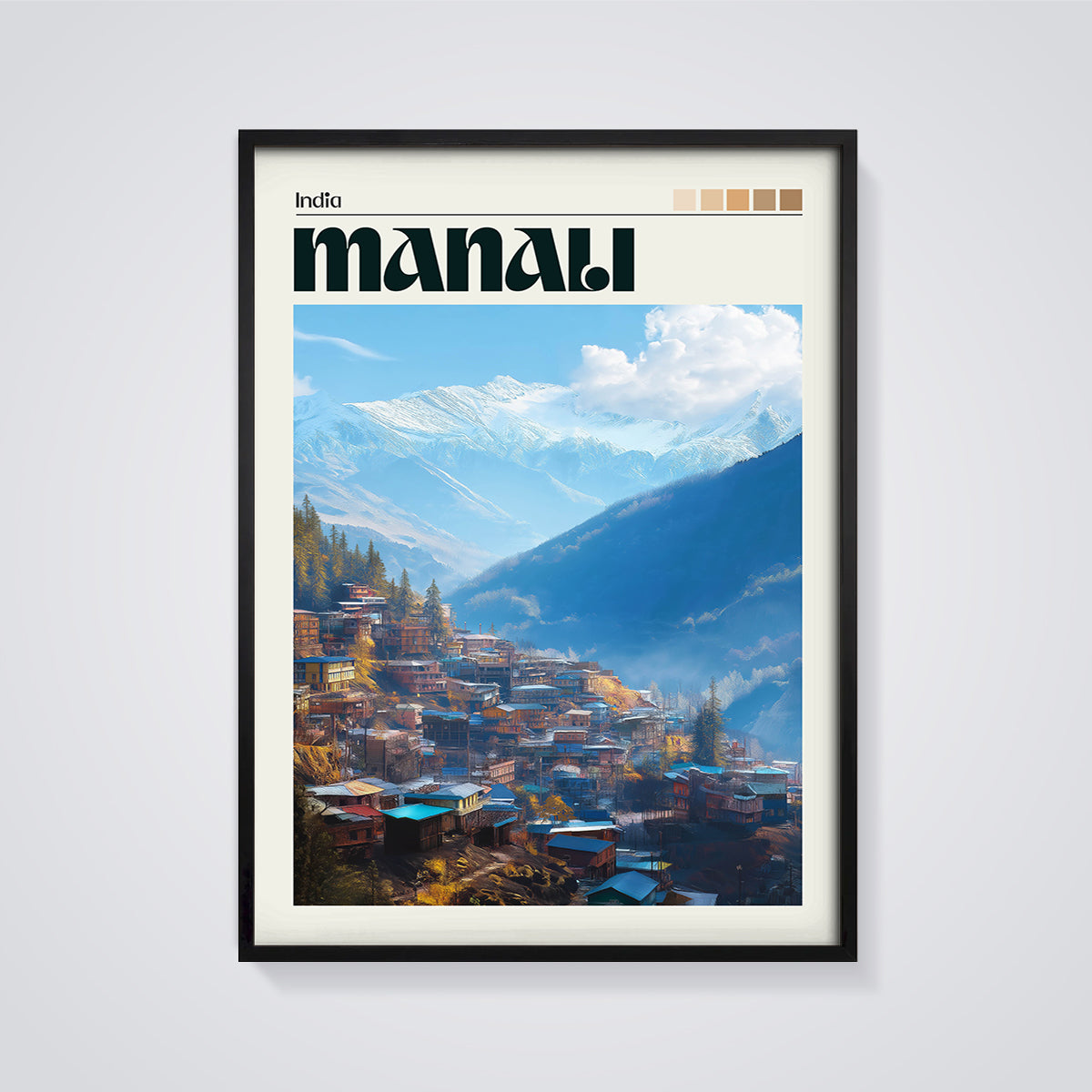 Manali Mountain Town Print framed in black on a grey background