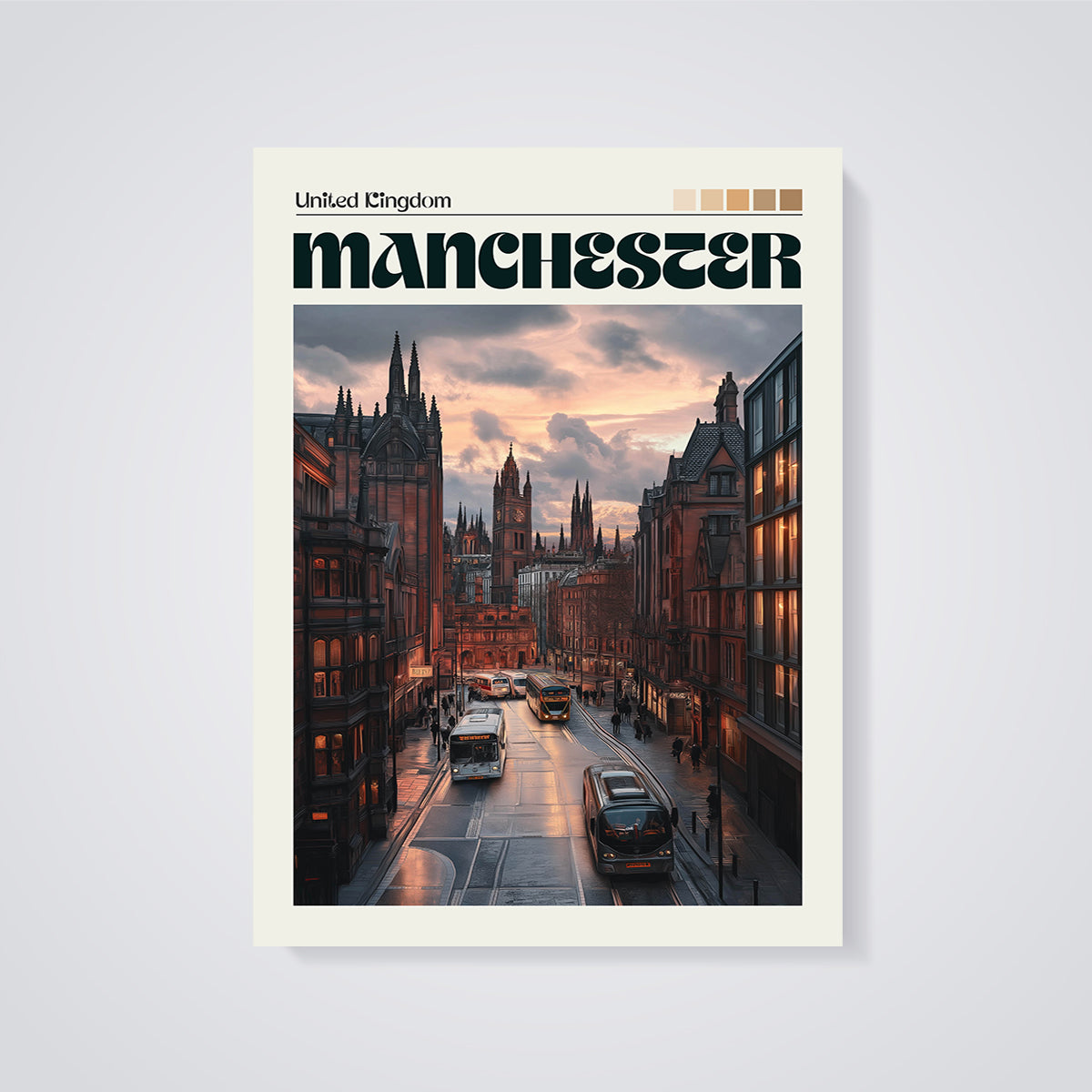 Manchester Cityscape Sunset Print unframed on a grey background