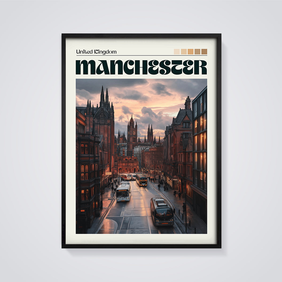 Manchester Cityscape Sunset Print framed in black on a grey background