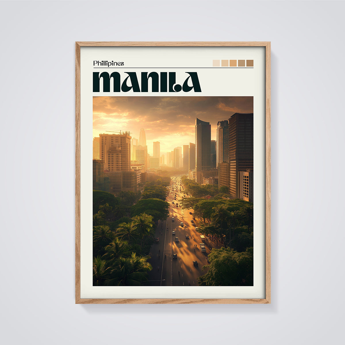 Manila Golden Hour City Print framed in oak on a grey background