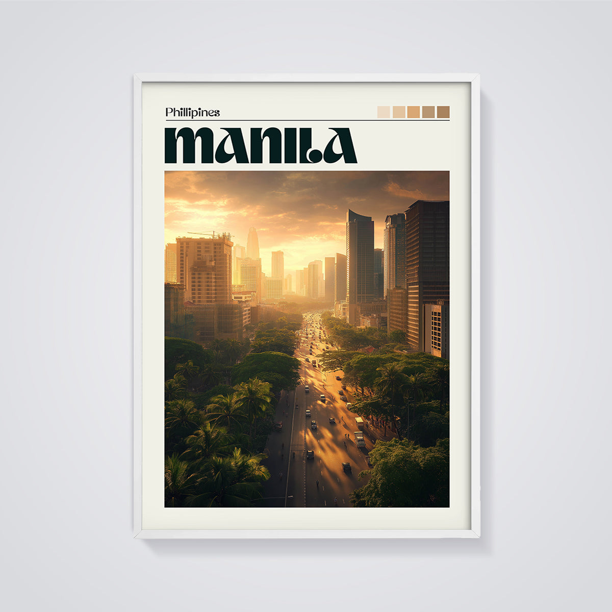 Manila Golden Hour City Print framed in white on a grey background