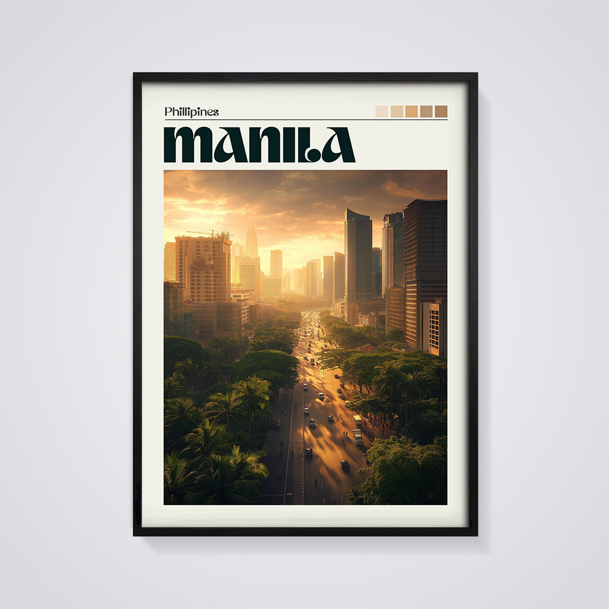 Manila Golden Hour City Print framed in black on a grey background