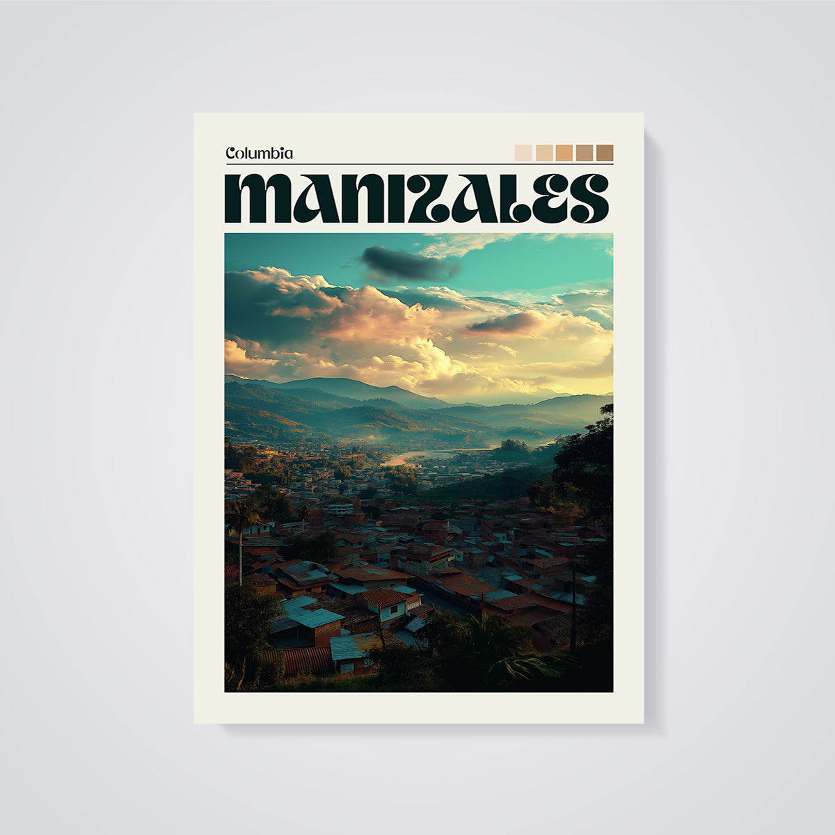 Manizales Columbia Sunset City Print unframed on a grey background