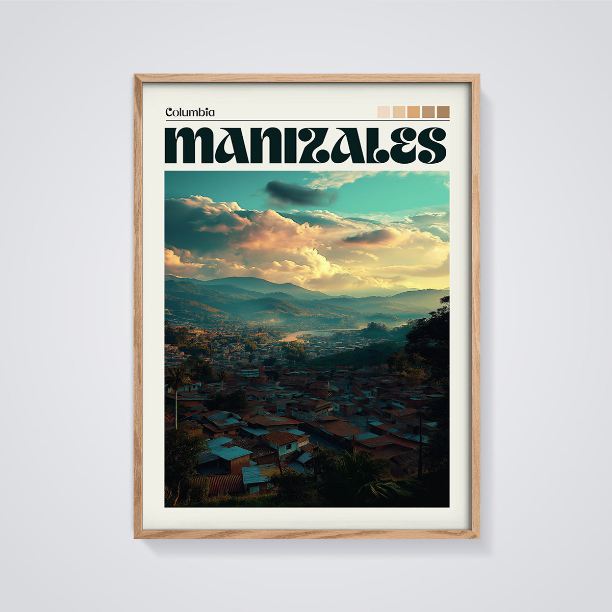 Manizales Columbia Sunset City Print framed in oak on a grey background