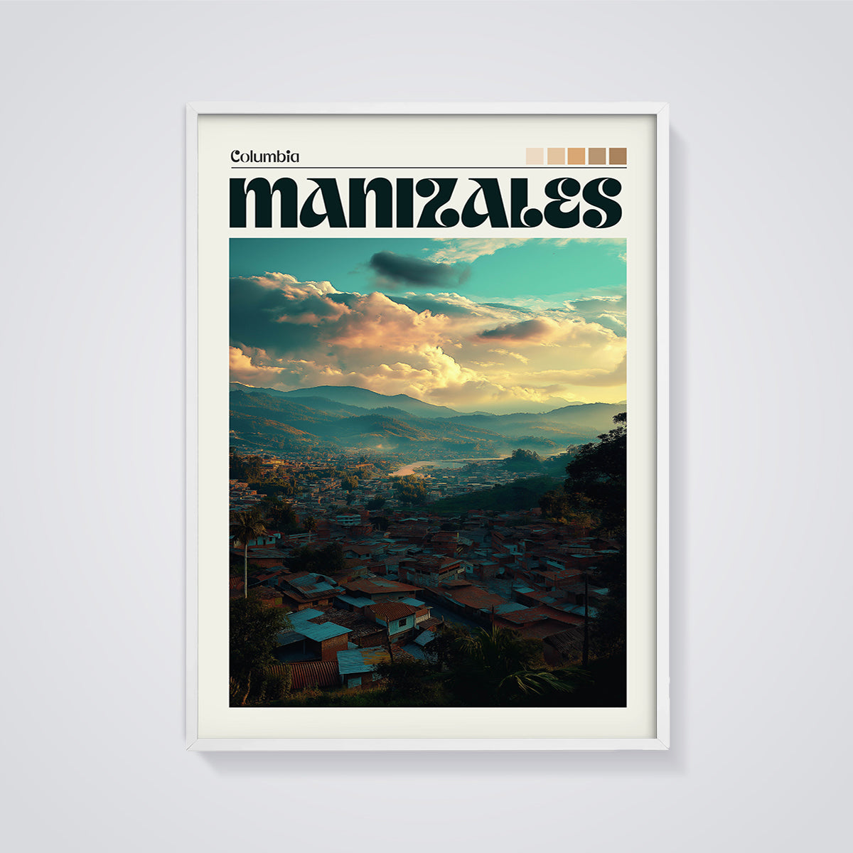 Manizales Columbia Sunset City Print framed in white on a grey background