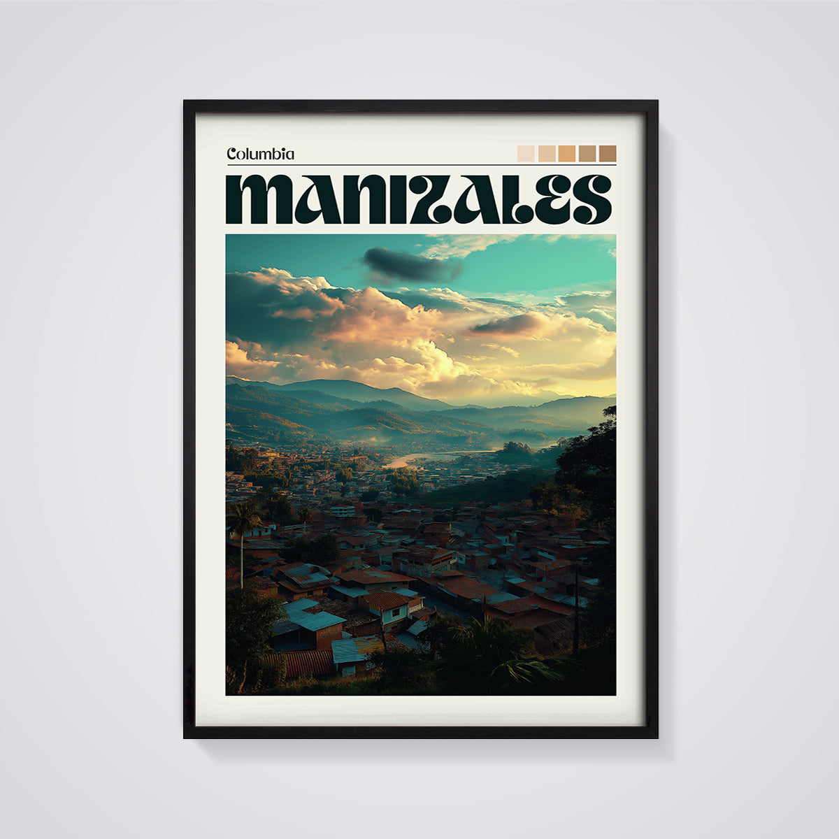 Manizales Columbia Sunset City Print framed in black on a grey background