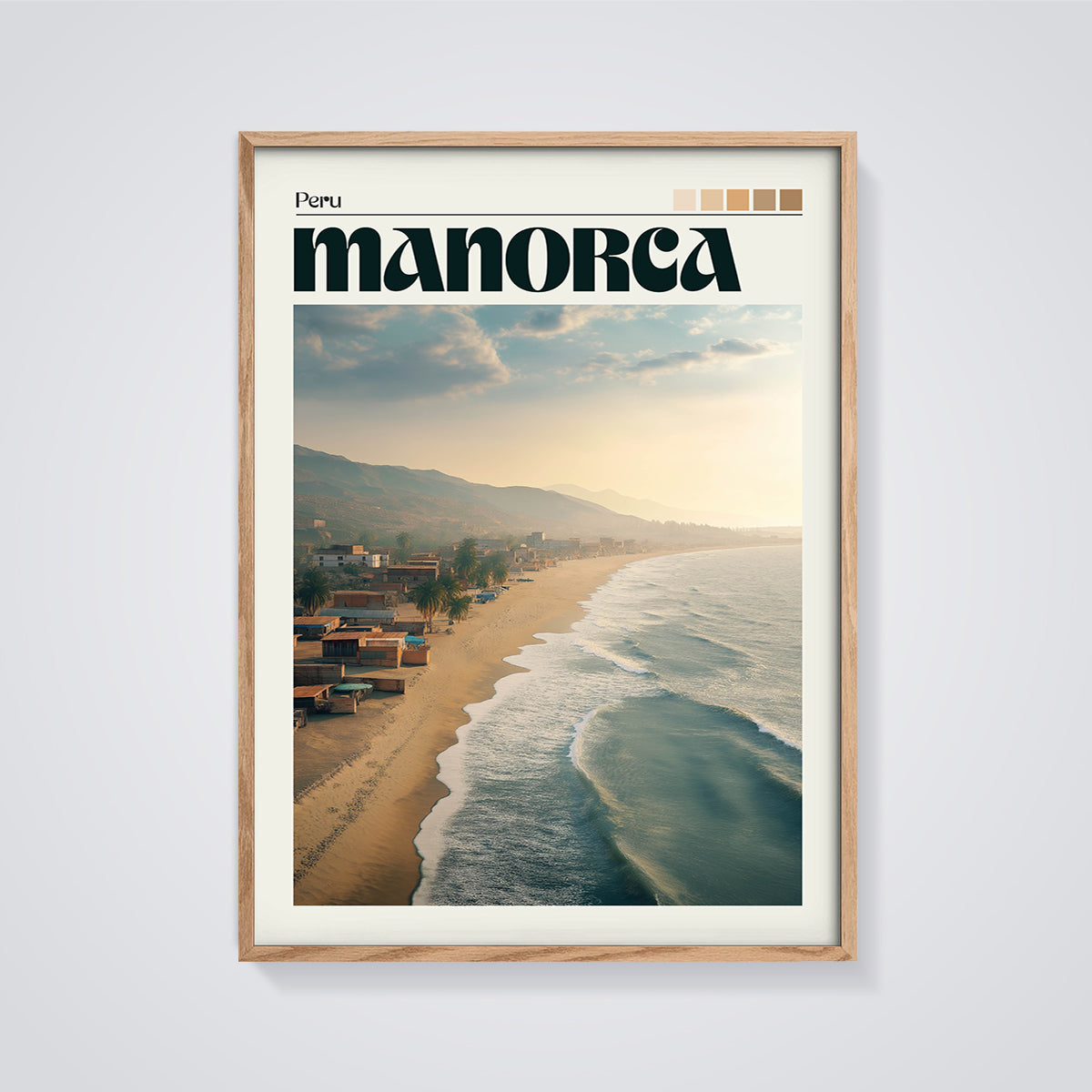 Manorca Peru Coastal Town Print framed in oak on a grey background