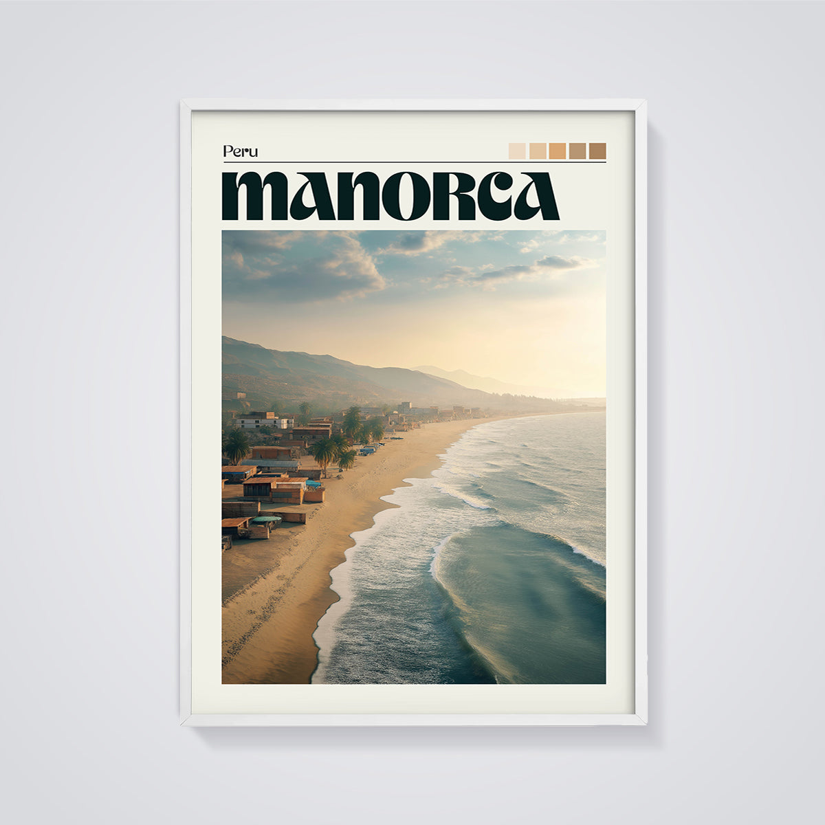 Manorca Peru Coastal Town Print framed in white on a grey background