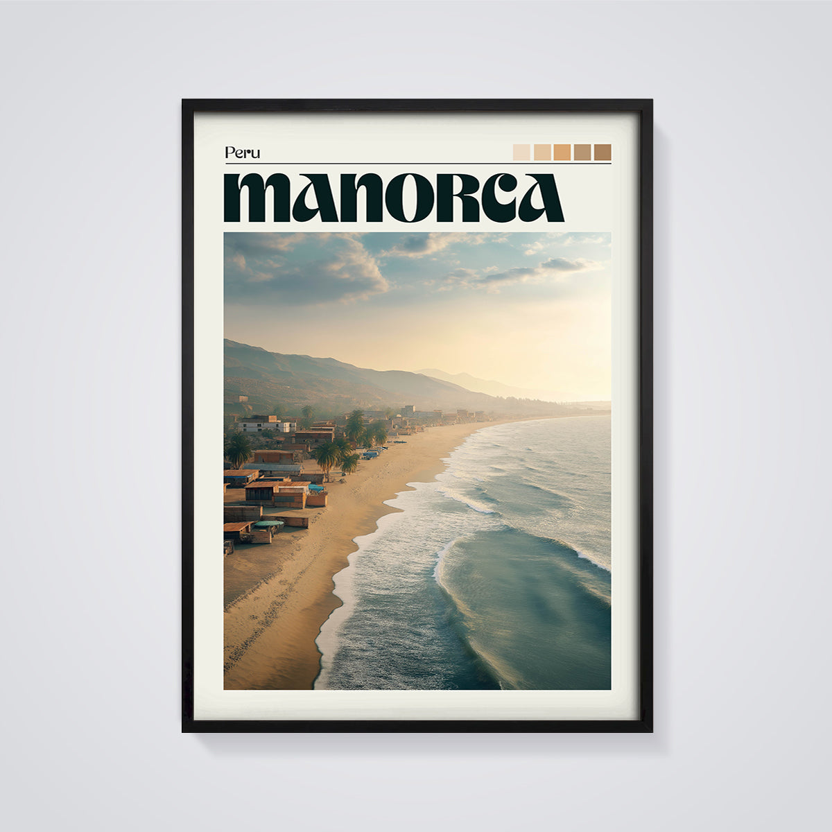 Manorca Peru Coastal Town Print framed in black on a grey background