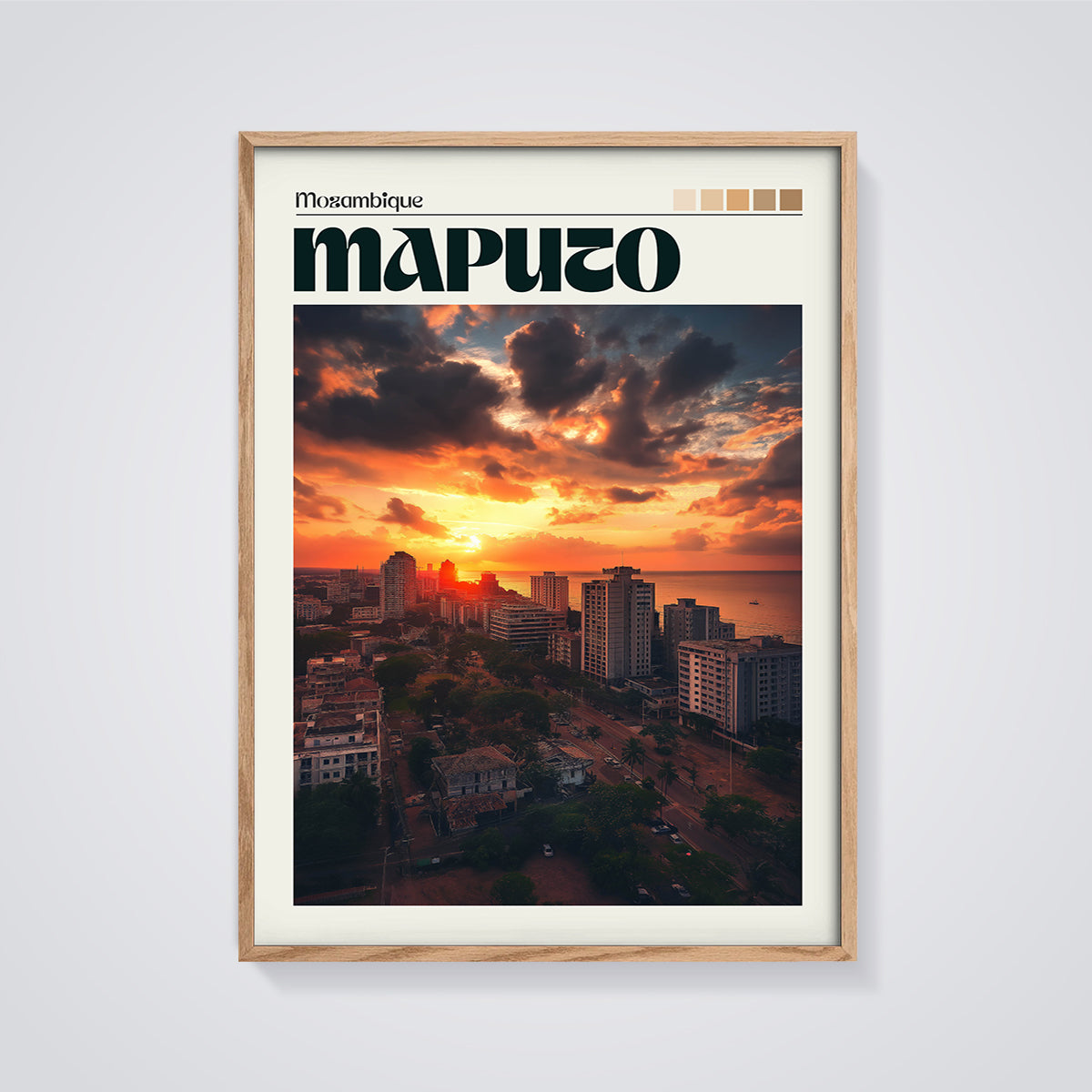 Maputo City Sunset Print framed in oak on a grey background