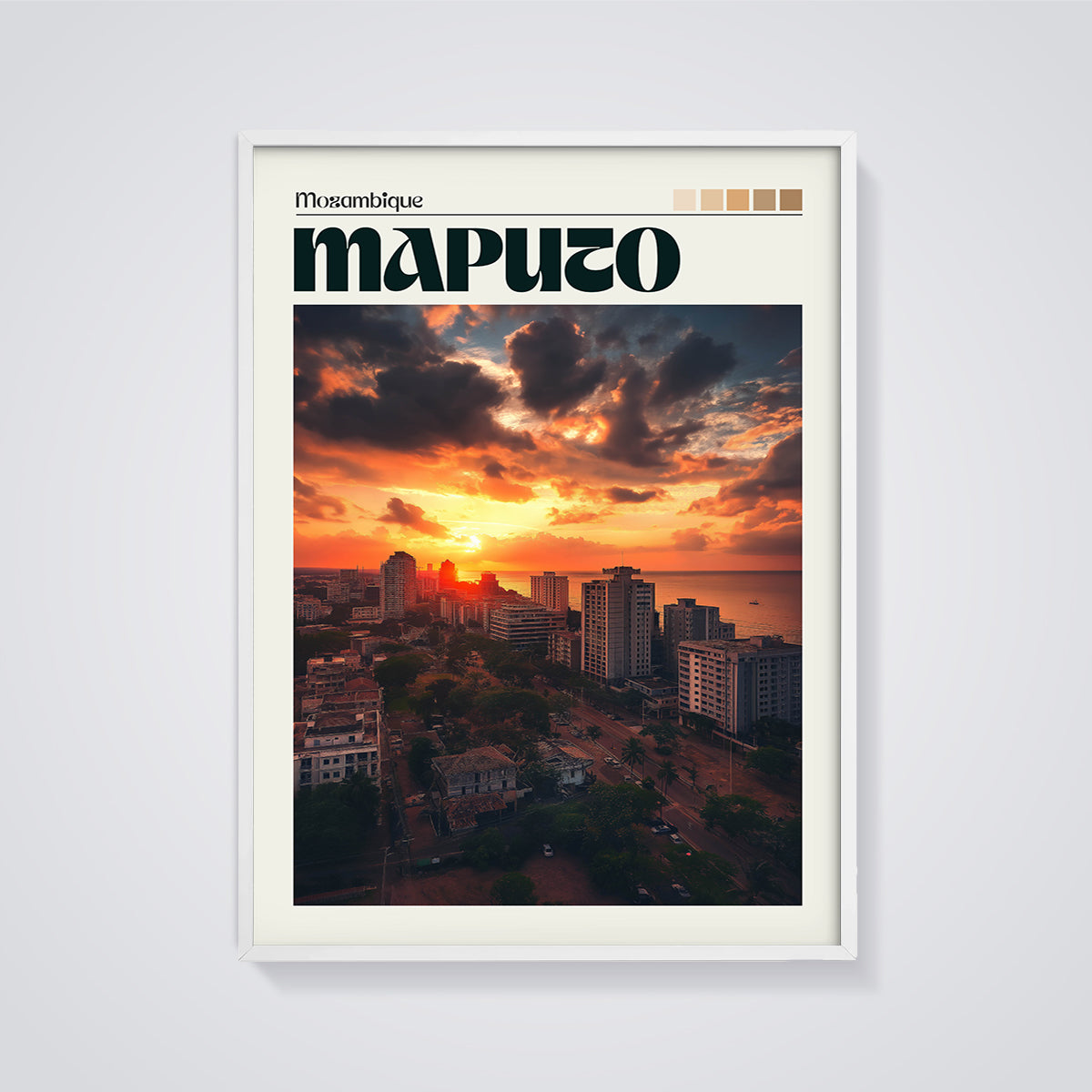 Maputo City Sunset Print framed in white on a grey background