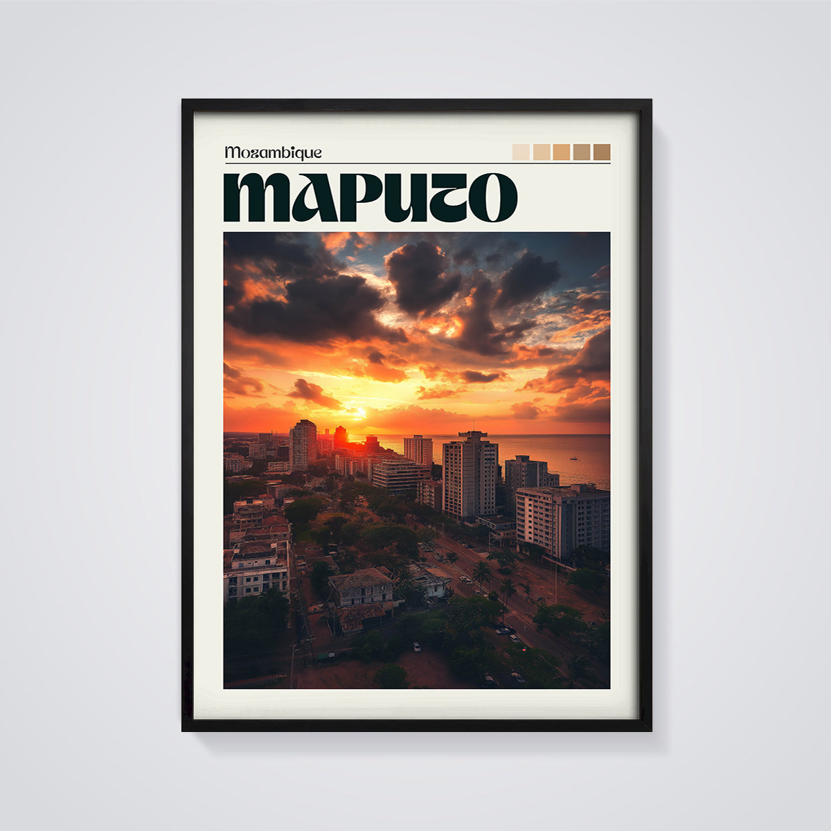 Maputo City Sunset Print framed in black on a grey background