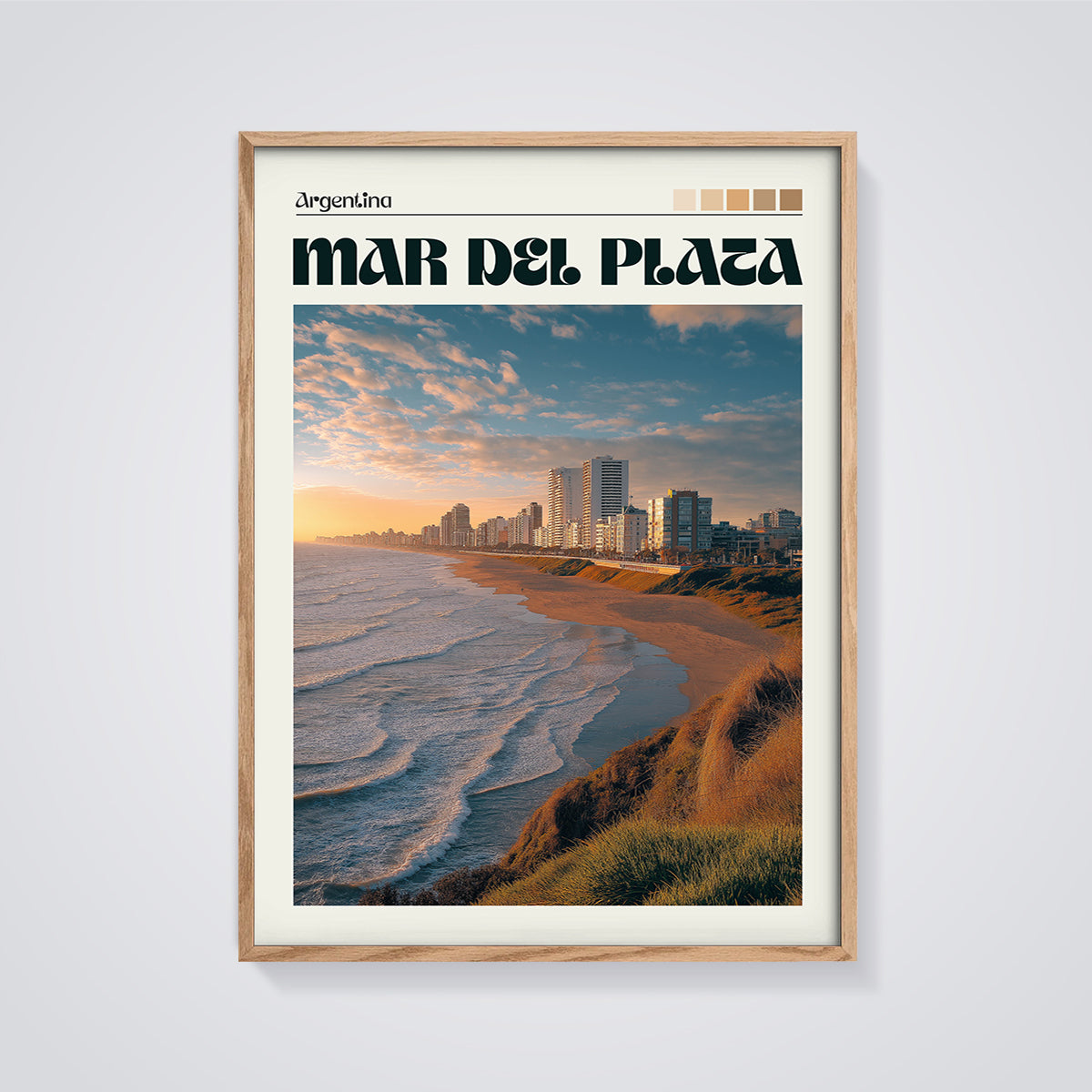 Mar del Plata Argentina Beach Print framed in oak on a grey background
