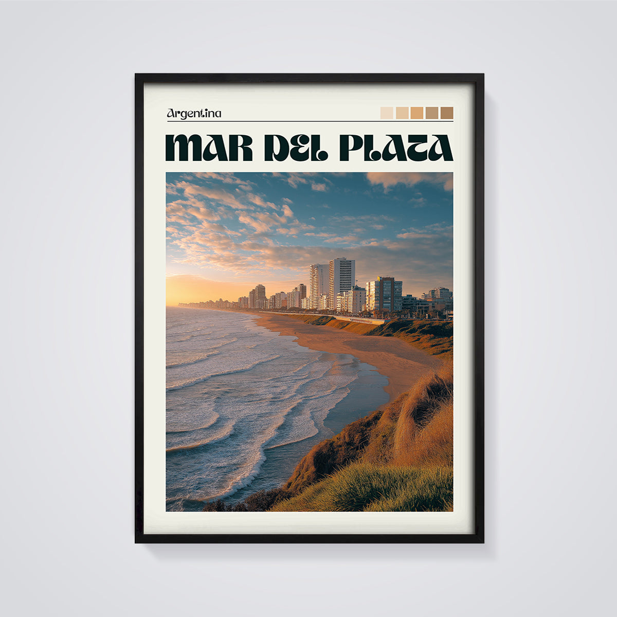 Mar del Plata Argentina Beach Print framed in black on a grey background