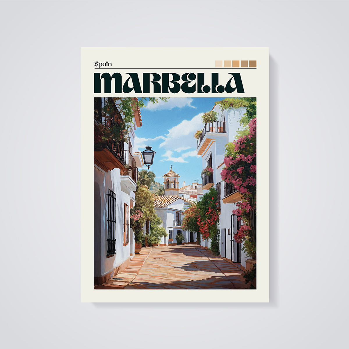Marbella Street Scene Print unframed on a grey background
