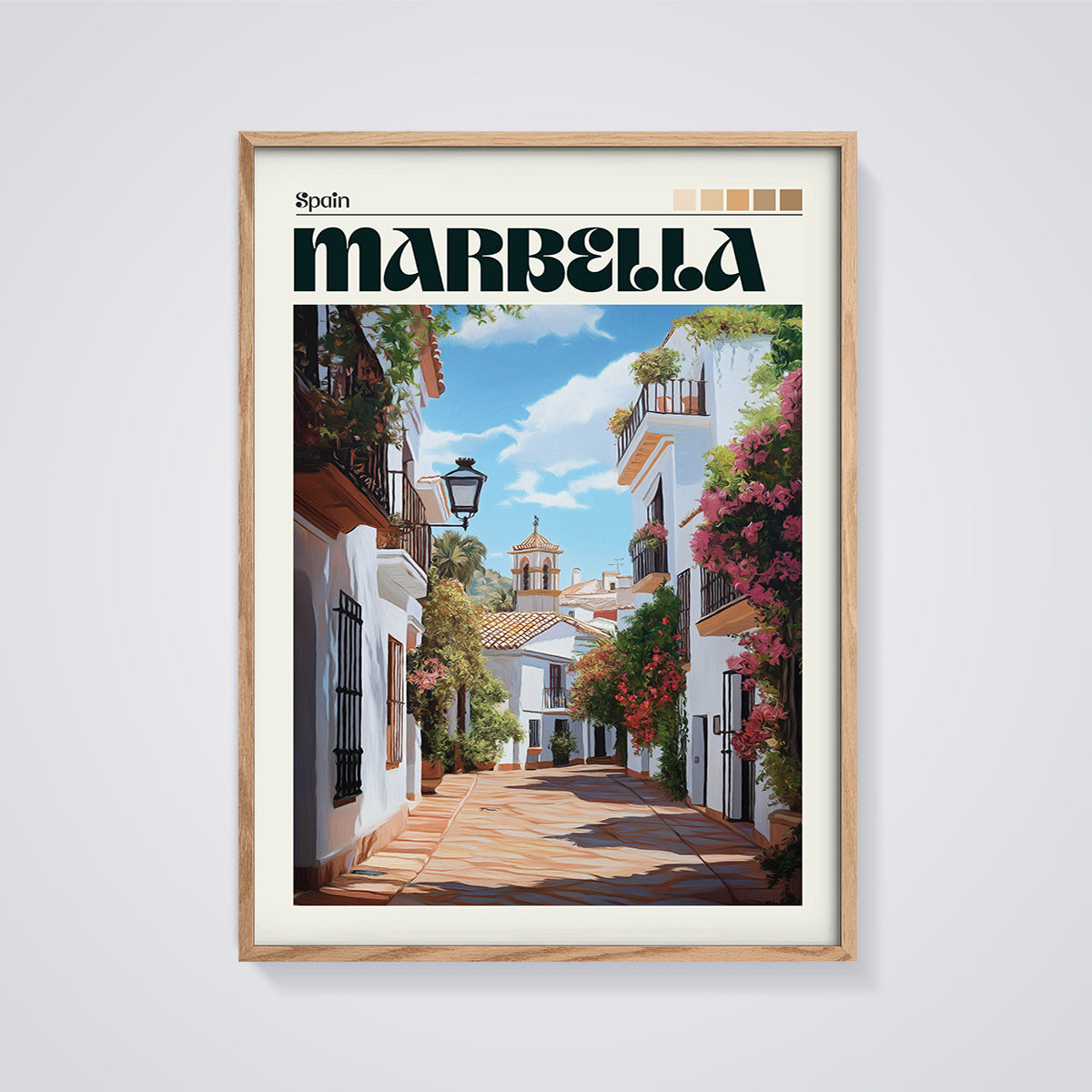 Marbella Street Scene Print framed in oak on a grey background