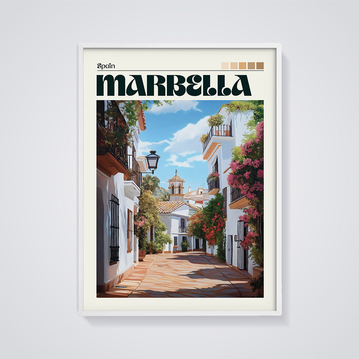 Marbella Street Scene Print framed in white on a grey background