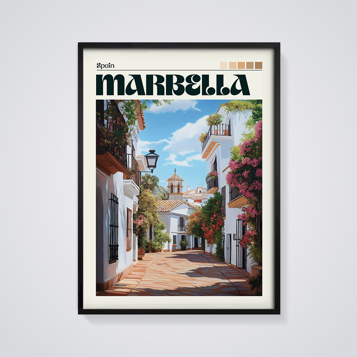 Marbella Street Scene Print framed in black on a grey background