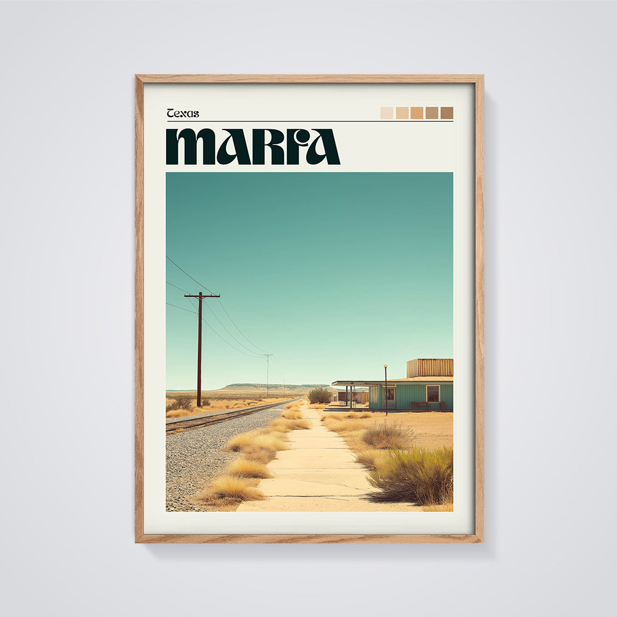 Marfa Texas Desert Print framed in oak on a grey background