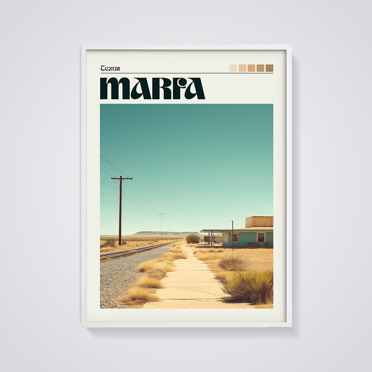 Marfa Texas Desert Print framed in white on a grey background